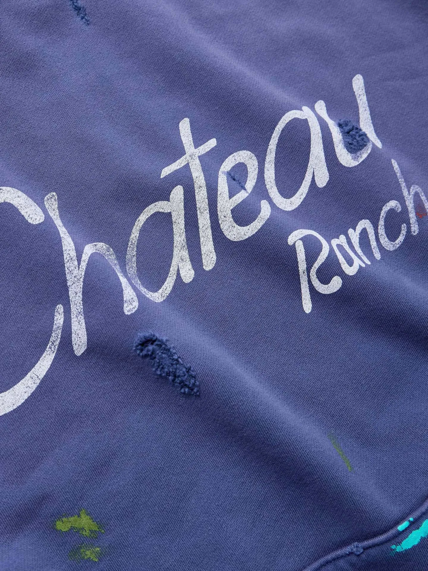 GALLERY DEPT. CHATEAU RANCH HOODIE/NAVY Horseshoe Winery Splash Ink Destroyed Hoodie Washed Blue S-XL Assute Reactive Dyes Ready-made Clothes Fade Process Post-Fry Color Processing Super Heavy and Cumbersome Too Many Cuts and Hanging Wormhole Destruction Process➕Hand-Splashed Ink Very Time-consuming and Labor-intensive Correct Version Original Main Mark➕Large Main Mark➕Yellow Wash Mark The original BOXY short and wide version has not been changed at all. God-cut. Authentic level printing process. Post-washing treatment to show natural aging effect.